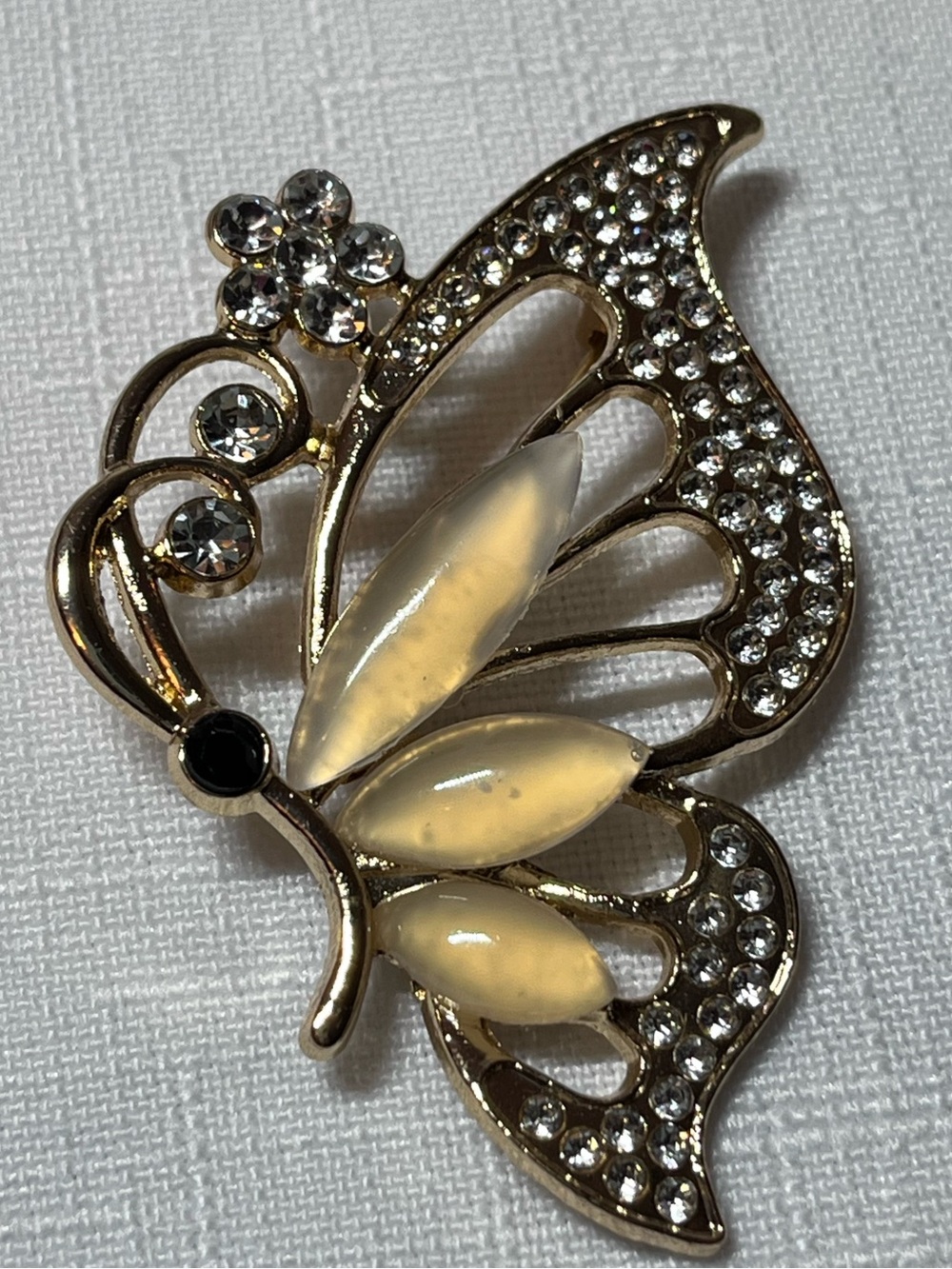 Vintage Gold-Tone Butterfly Brooch with Cream Cabochons and Clear Rhinestones